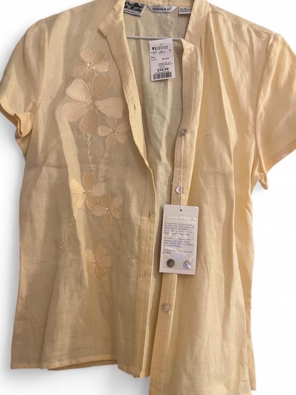 Light Yellow Embroidered Short-Sleeve Button Up 100% Irish Linen